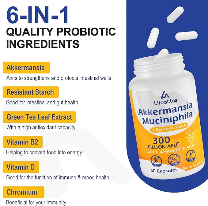 GLP-1 Supplement | 300 Billion AFU Akkermansia Muciniphila, Akkermansia Probiotic for Women Men, Akka Superbiotics for GLP-1 Production, Digestive, Gut, Immunity, Enhances Gut Lining Function, 4 Packs
