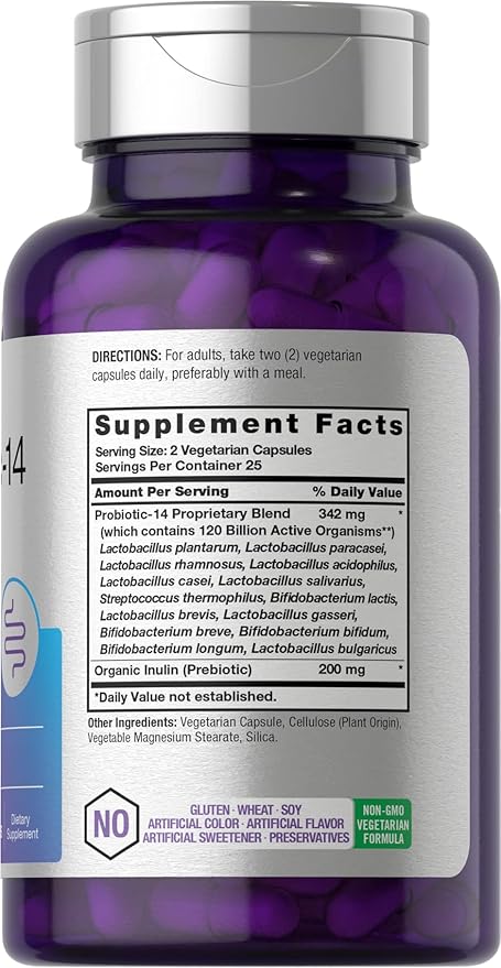 Horbäach Probiotics 120 Billion CFU | 14 Strains with Prebiotics | for Women & Men | 50 Capsules | Vegetarian, Non-GMO & Gluten Free Supplement