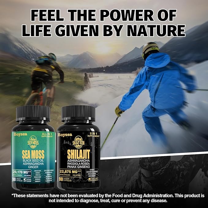Boysea.Shilajit and Sea Moss Bundle - Sea Moss (7000mg), Ashwagandha (2000mg), Black Seed Oil (4000mg), Ginger & Shilajit (9000mg), Rhodiola Rosea (1000mg) – 90 Count (4 Pack)