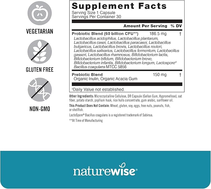 NatureWise Probiotics 60 Billion CFU - 17 Strains + Organic Prebiotics - Immune, Digestive & Gut Health Support for Women & Men - Vegetarian, Gluten-Free, Non-GMO - 30 Capsules[1-Month Supply]