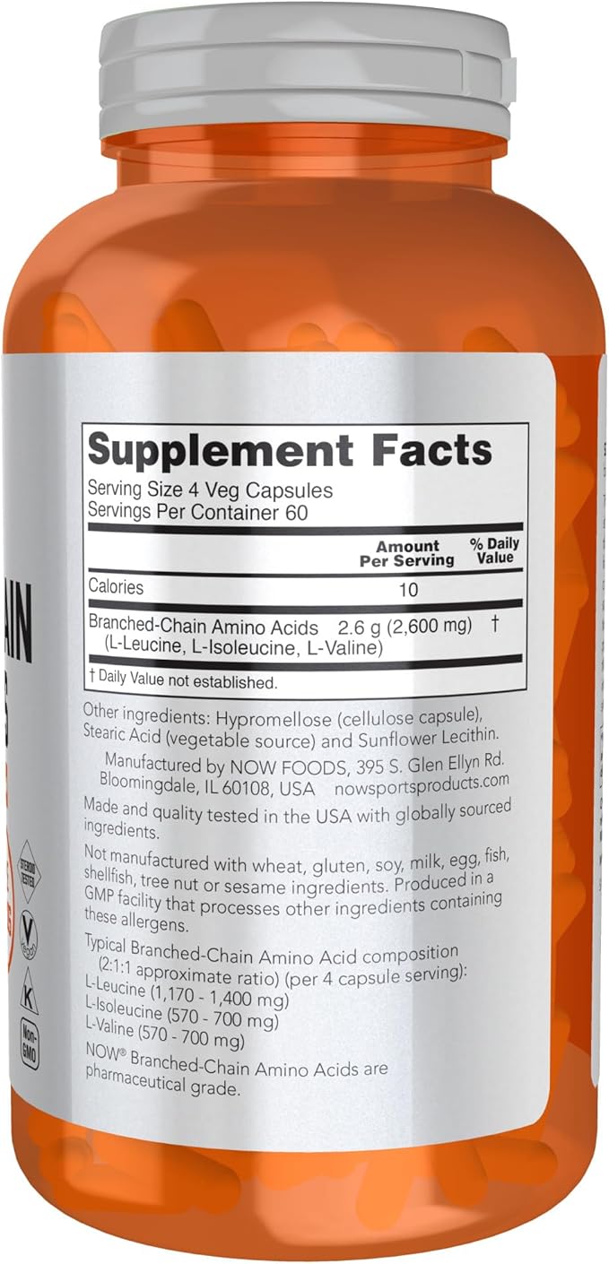 NOW Foods Sports Nutrition, Branched Chain Amino Acids, With Leucine, Isoleucine and Valine, 240 Veg Capsules