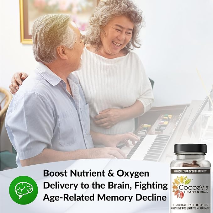 CocoaVia Heart & Brain Supplement, 30 Day, Cocoa Flavanol Extract, Memory & Circulation Booster, Nitric Oxide, Boost Oxygen & Energy, Plant Based, Gluten Free, Vegan, 60 Capsules
