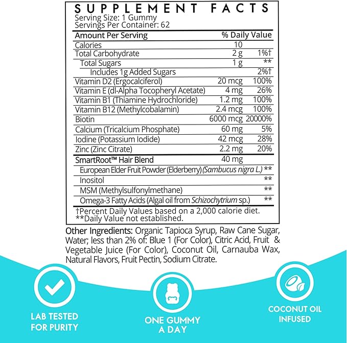 Sugarbear Hair Vitamin Gummy 4 Month Supply Extra Strength Biotin 6000mcg, Growth for Men & Women, Vegan Vitamin B12, MSM, Inositol, Omega 3, Elderberry, Certified Kosher, Halal, Cruelty-Free
