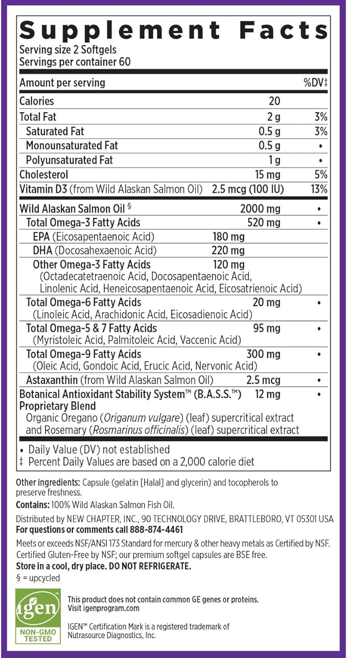 New Chapter Wholemega Fish Oil Supplement - Wild Alaskan Salmon Oil with Omega-3 + Vitamin D3 + Astaxanthin + Sustainably Caught - 120 ct, 1000mg Softgels