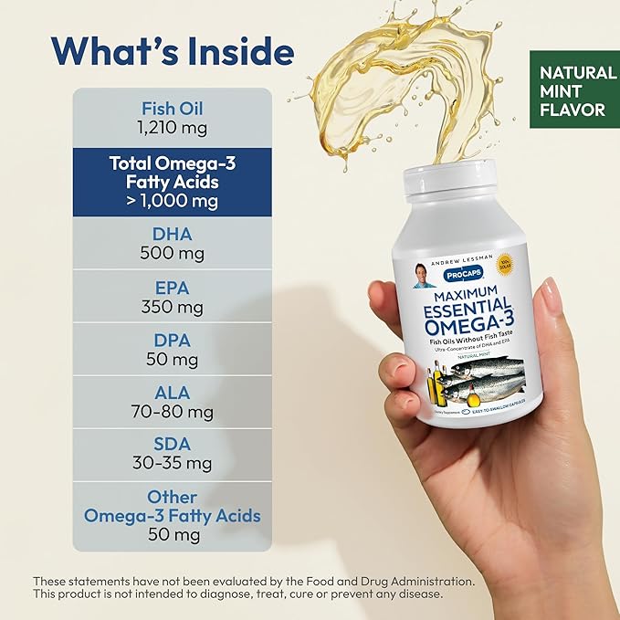 ANDREW LESSMAN Maximum Essential Omega-3 Mint - 360 Softgels - Ultra-Pure, High Potency Omega-3 Oils. High DHA, No Stomach Upset, No Contaminants, No Mercury. Small Easy to Swallow Softgels