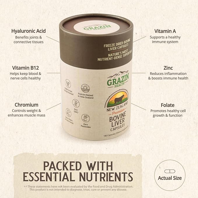 Grass Fed Beef Liver from New Zealand - Freeze Dried 3000mg per Serving (500mg per Capsule) (30 Servings)