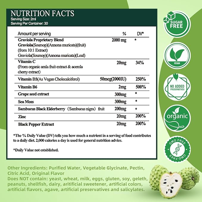 Soursop Graviola Liquid Drops, Soursop Extract Multivitamin Drops w. Sea Moss, Grape Seed, Super Concentrated Unrefined Soursop Oil Organic for Skin Immune Boost Detox, Soursop Bitters Liquid 2 Fl/Oz