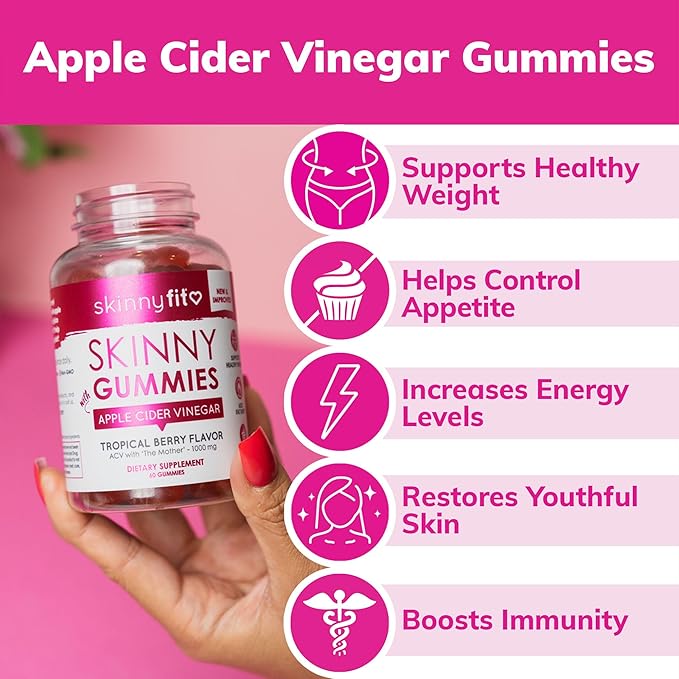 SkinnyFit Skinny Gummies Apple Cider Vinegar Gummies w/ The Mother, Healthy Weight, Immune Support, Vitamin B9, B12, Beetroot, Pomegranate, Vegan-Friendly, 60 Count