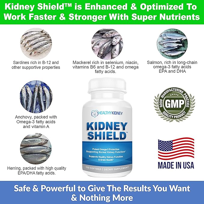 Kidney Shield Omega 3 Fish Oil Supplements - DHA EPA Omega 3 Supplement for Women & Men Kidney Health - Omega3 to Support Normal Kidney Function & Kidney Cleanse Detox & Repair - 120 Lemon Softgels
