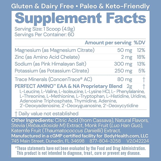 BodyHealth PerfectAmino Electrolytes Powder, Hydration Powder, Sugar Free Electrolyte Drink Mix, Keto Electrolytes Powder, Non GMO, Passion Fruit Flavor (60 Servings)