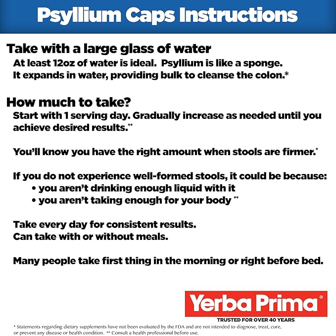 Yerba Prima Psyllium Husks Veg Caps, 400 Capsules (625mg) - Vegan, Non-GMO, Gluten Free, Colon Cleanser, Daily Fiber Supplement for Gut Health & Regularity