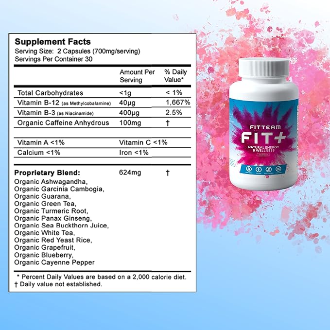 FIT Plus Organic Energy and Wellness Capsules - Organic Energy Vitamin Supplements - Mental Focus, Energy, and Metabolism Boost - Mood Support and Antioxidants - 60 Count Capsules