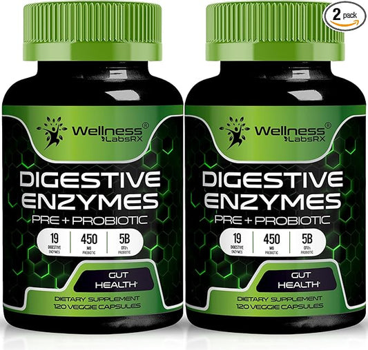 Digestive Enzymes with Probiotics and Prebiotics - 450mg - 5 Billion CFUs - Pure Super Enzymes for Digestion Capsules - 120 Capsules, Digestive Enzymes for Women & Men Support Digestive - 2 Packs