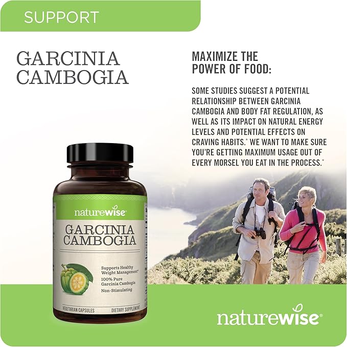 Naturewise Garcinia Cambogia with Natural Garcinia Cambogia Extract, 60% HCA Concentration, Natural Support for Weight Goals and Energy - Vegan, Non-GMO, Gluten Free - 90 Capsules[1-3 Month Supply]