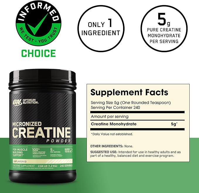 Optimum Nutrition Micronized Creatine Monohydrate Powder, Unflavored, Keto Friendly, 240 Servings (Packaging May Vary)