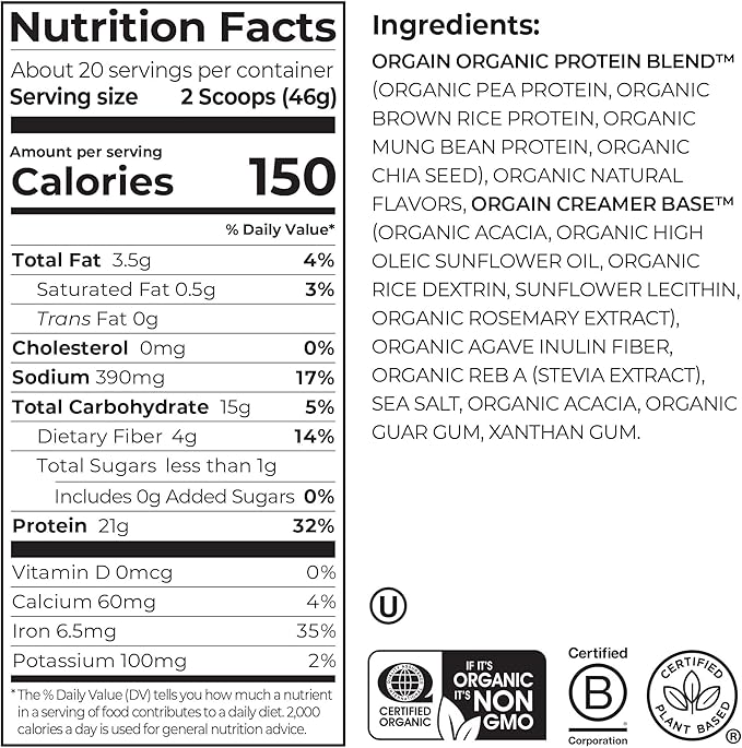 Orgain Organic Vegan Protein Powder, Vanilla Bean - 21g Plant Protein, 6g Prebiotic Fiber, No Lactose Ingredients, No Added Sugar, Non-GMO, For Shakes & Smoothies, 2.03 lb (Packaging May Vary)