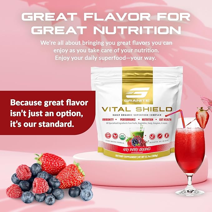Granite Supplements Vital Shield - (30 Servings) Greens Superfood Powder - Fruit & Vegetable Super Foods Powder for Performance, Gut Health, Immunity & Nutrition, Very Berry Greens