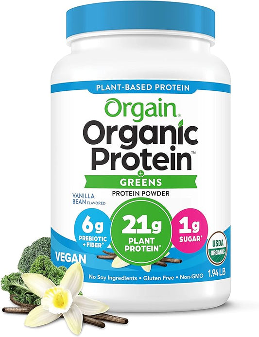 Orgain Organic Vegan Protein Powder + Greens, Vanilla Bean - 21g Plant Based Protein, 6g Prebiotic Fiber for Gut Health, Gluten Free, No Lactose Ingredients, No Sugar Added, Non-GMO - 1.94lb
