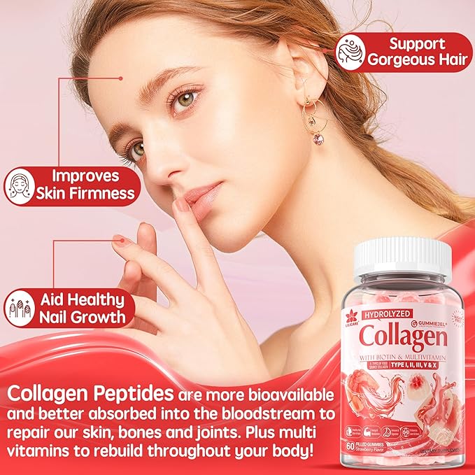 Sugar-Free Hydrolyzed Collagen Peptide Filled Gummies,Extra Strength 1500mg Protein Type I,II,III,V,X with 5000mcg Biotin Vitamin C A E D3 B6 B12 for Immune Digestion Skin Hair Nails Energy Bone Joint