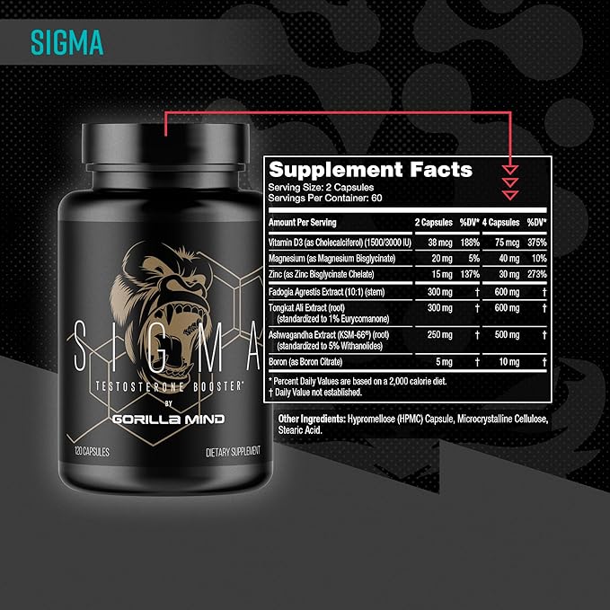Gorilla Mind Sigma Testosterone Booster - Made with Tongkat Ali and Fadogia Agrestis Extract to Support Higher Testosterone Level (120 Capsules)