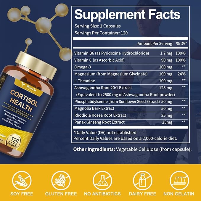 Cortisol Supplement with Ashwagandha,Magnesium,Rhodiola Rosea,L Theanine,Hormone Balance for Women Mood, Focus, Sleep Support 120 Vegan Capsules (Pack of 1)