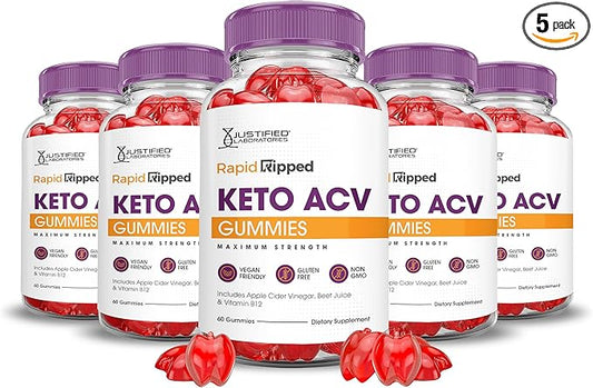 (5 Pack) Rapid Ripped Keto ACV Gummies Advanced Formula 1000MG Rapidripped Keto Gummies Apple Cider Vinegar Formulated with Pomegranate Beet Juice Powder B12 Vegan Non GMO 300 Gummys