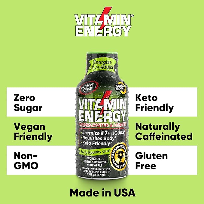 Vitamin Energy Pre Workout Drink - Keto Friendly Sugar Free Shots | Natural Clean Green Tea Caffeine with Proprietary Endurance Blend | Energize up to 7+ Hours - Sour Apple - 1.93 Fl Oz (Pack of 24)
