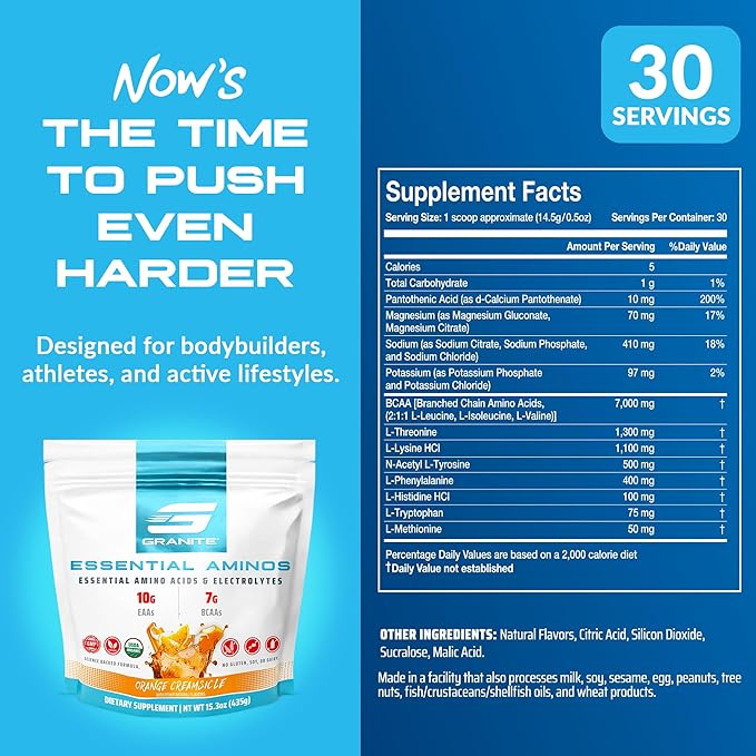 Granite 10g Essential Amino Acids Powder | Muscle Recovery Supplement for Muscle Growth | 7g BCAA Powder with Electrolytes | 30 Servings | Orange Creamsicle Flavor | Soy & Gluten Free | Made in USA