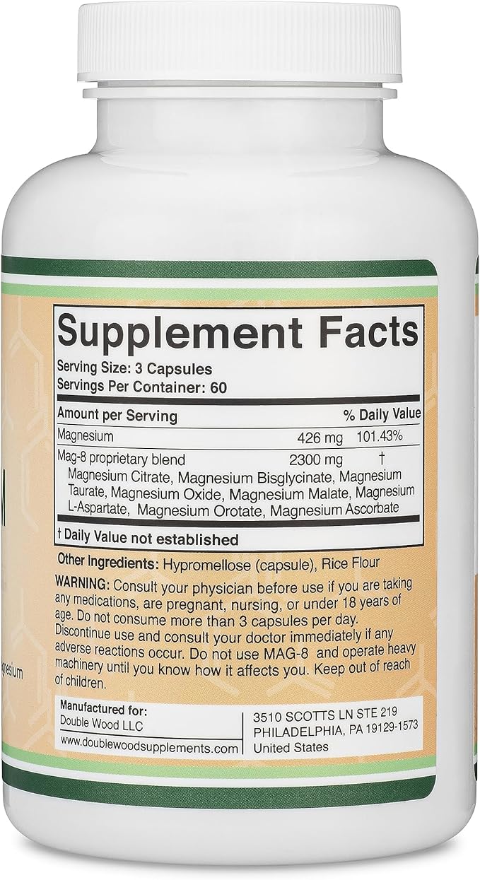 Magnesium Complex Supplement 180 Capsules (436mg Elemental Magnesium Provided by 2,300mg of Eight Different Forms of Magnesium) MAG-8 Provides 100% Daily Recommended Value of Magnesium by Double Wood