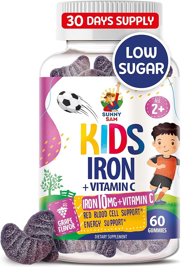SUNNY SAM Iron Gummies for Kids & Teens - 10mg Iron Vitamins with Vitamin C - Low-Sugar Chewable Iron Gummy Supplement for Immune Support, Supports Red Blood Cell Production for Children & Teen Girls