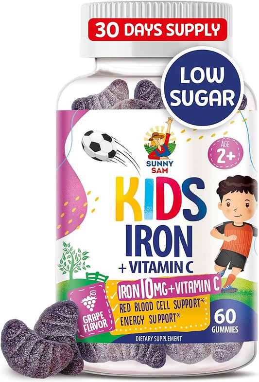SUNNY SAM Iron Gummies for Kids & Teens - 10mg Iron Vitamins with Vitamin C - Low-Sugar Chewable Iron Gummy Supplement for Immune Support, Supports Red Blood Cell Production for Children & Teen Girls