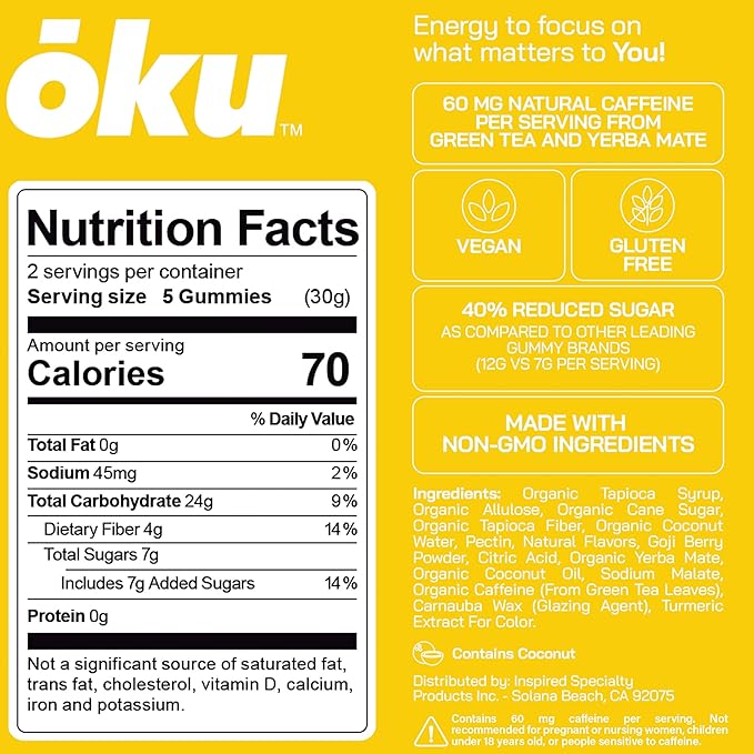 ōku Conscious Energy Gummy Snacks – Natural Caffeine from Green Tea & Yerba Mate, Vegan, Clean Ingredients, Gluten-Free, Focused Energy, Antioxidants & Fiber, Pineapple Pack of 12