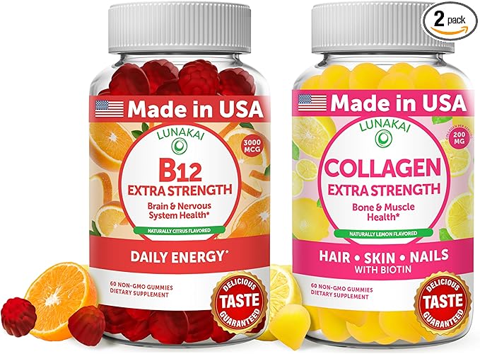Lunakai Vitamin B12 and Collagen Gummies Bundle - 3000 mcg Methylcobalamin High Absorption Energy Gummies - Non-GMO Anti Aging Supplements for Men & Women - 30 Days Supply