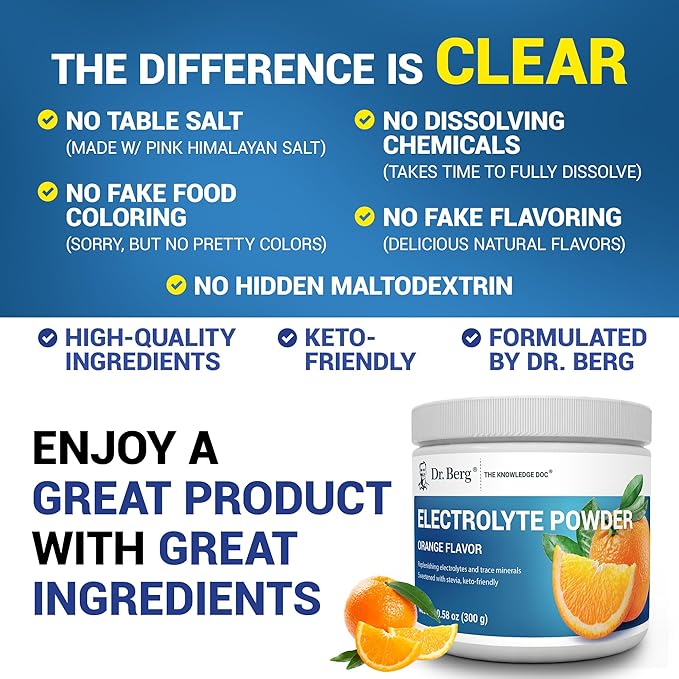 Dr. Berg Zero Sugar Hydration Keto Electrolyte Powder - Enhanced w/ 1000 mg of Potassium & Real Pink Himalayan Salt (NOT Table Salt) - Orange Flavor Hydration Drink Mix Supplement - 50 Servings