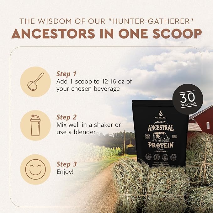 Ancestral Supplements Grass Fed Protein Powder, Chocolate, Beef Bone Broth Based w/Beef Organs & Organic Mushrooms, Gut Health Support, High Protein Supplement, 20g Protein Per Serving, 30 Day Supply