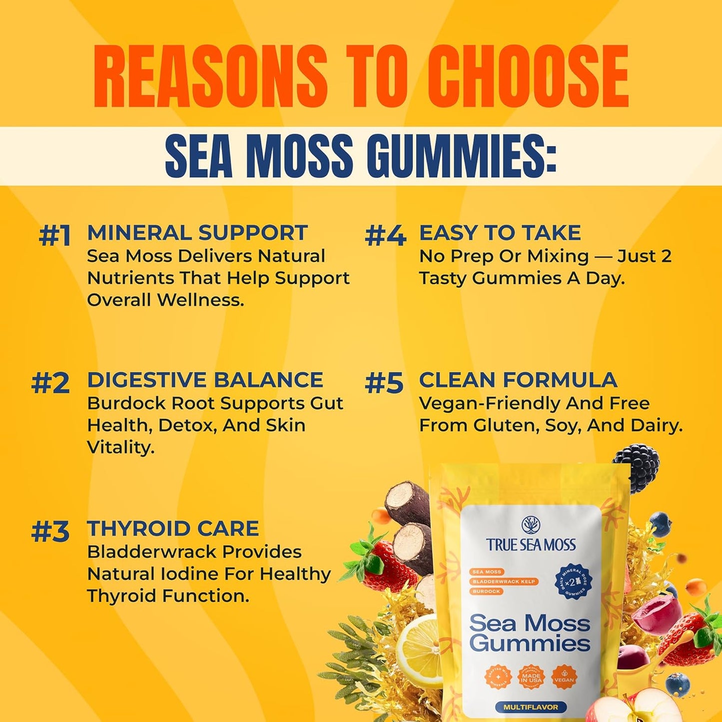 Sea Moss Gummies for Adults & Kids - Magnesium, Burdock Root & Bladderwrack – Supports Immune, Boost Energy, Skin & Hair Health, Detox - 60 Vegan Gummies