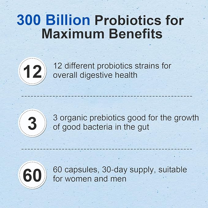Probiotic 300 Billion CFU - 12 Strains Probiotics with Organic Prebiotics for Digestive & Gut, Immune, Bloating Health - Probiotics for Women and Men - Daily Probiotics Supplement - 60 Counts