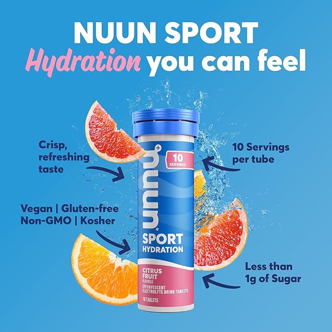 Nuun Sport Electrolyte Tablets - Dissolvable in Water, Citrus Fruit, 5 Essential Electrolytes for Hydration, 1g Sugar Drink Mix, Vegan, Non-GMO, 4 Pack (40 Total Servings)