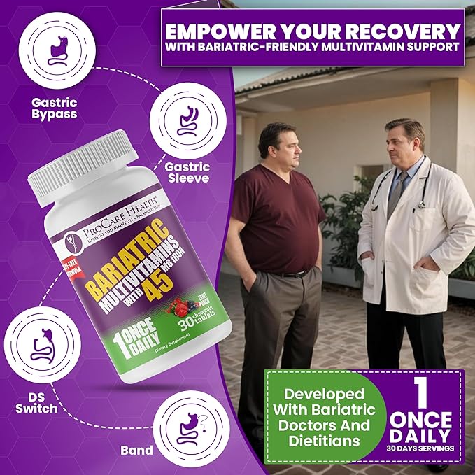 Procare Health Bariatric Multivitamin with Iron 45mg Chewable (30 Tablets) - Fruit Punch Flavor Bariatric Multivitamin Chewable Pills for Gastric Bypass & Sleeve Gastrectomy Patients (01 Month Supply)