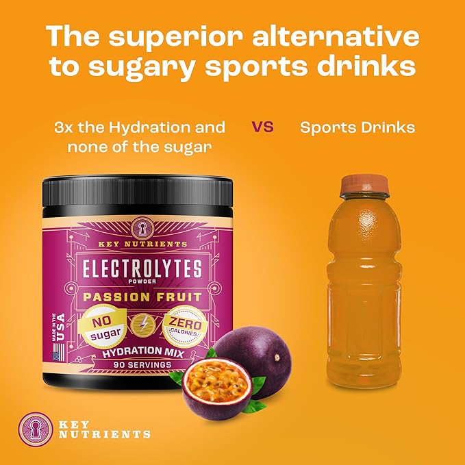 KEY NUTRIENTS Multivitamin Electrolytes Powder No Sugar - Delicious Passion Fruit Electrolyte Powder - Endurance & Energy Supplement - Hydration Powder - No Calories - 90 Servings - Made in USA