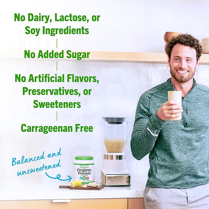 Orgain Organic Vegan Protein Powder, Natural Unsweetened - 21g of Plant Protein, 4g Prebiotic Fiber, Low Net Carbs, No Lactose Ingredients, No Added Sugar, Non-GMO, For Shakes & Smoothies, 1.59 lb