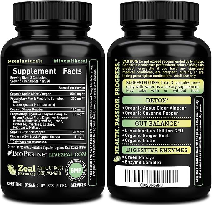 Organic Apple Cider Vinegar Capsules + Digestive Enzymes & Probiotics (1500mg | 120 Capsules) Raw Apple Cider Vinegar Pills & Fiber Supplement for Gut Health, Immune Support, Digestion & Detox Cleanse