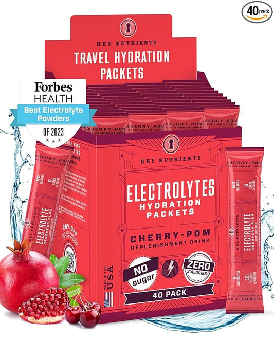 KEY NUTRIENTS Multivitamin Electrolytes Powder Packets - Sweet Cherry-Pom 40 Pack Hydration Packets - Travel Hydration Powder - No Sugar, No Calories, Gluten Free - Made in USA
