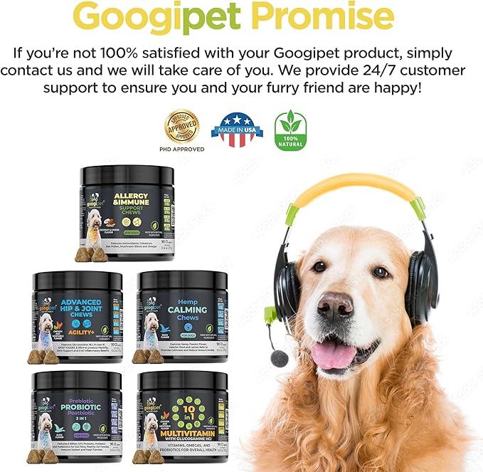 Googipet Dog Allergy Chews, Dog Allergy Relief & Itchy Skin Relief, Dog Skin & Coat Supplement +Bee Pollen, Colostrum for Dogs, Coconut Oil, Probiotics, & Omega 3 Fish Oil for Dogs Itching Skin Relief