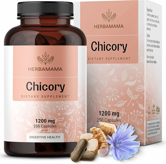 HERBAMAMA Chicory Inulin Capsules - 1200 mg Chicory Root for Digestive Health - Inulin Prebiotic Fiber Gut Cleanse Supplement - Vegan, Non-GMO - 250 Caps