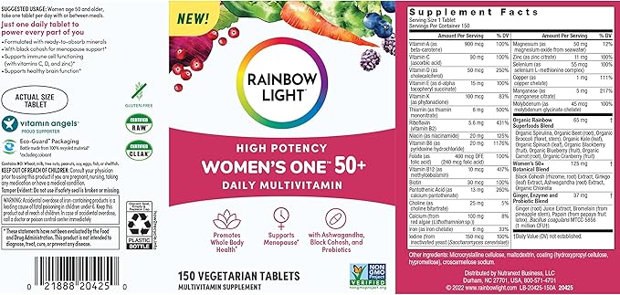 Rainbow Light Multivitamin for Women 50+, Vitamin C, D & Zinc, Probiotics, Women’s One 50+ Multivitamin Provides High Potency Immune Support, Non-GMO, Vegetarian, 150 Tablets