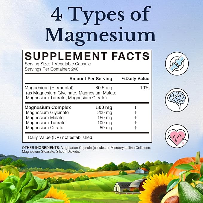 Vitalitown Magnesium Complex Supplement 500mg, Maximized Absorption, Non-Buffered, Chelated Magnesium Glycinate, Malate, Taurate & Citrate, for Sleep, Muscle, Energy & Heart, Vegan, Non-GMO, 240 Caps