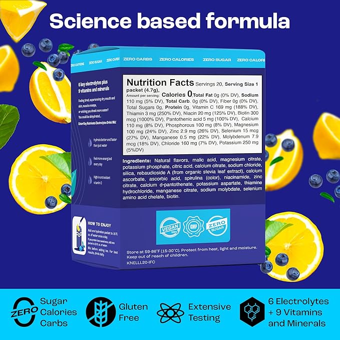 KEY NUTRIENTS Multivitamin Electrolytes Powder Packets - Delicious Blueberry Lemonade 20 Pack Hydration Packets - Travel Hydration Powder - No Sugar, No Calories, Gluten Free - Made in USA