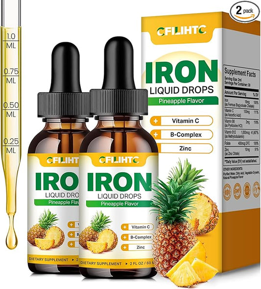 Liquid Iron Supplement for Women Men & Kids Multivitamin Iron Drops with Folate, Vitamin C, B6, B12, Zinc for Anemia, Iron Deficiency, Blood Builder, Energy - Natural Pineapple Flavor, Vegan 4 Fl Oz