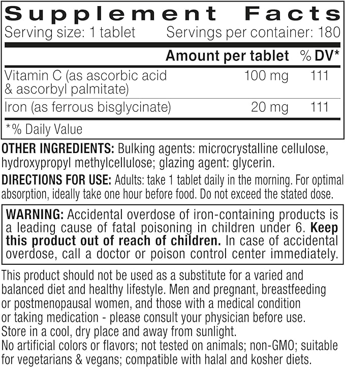 High Absorption Chelated Iron Bisglycinate 20mg with Vitamin C, 6 Month Supply, Iron, Gentle Formula, Clean Label & Targeted Release, for Women and Men, One Daily, Vegan, 180 Tablets, by Igennus